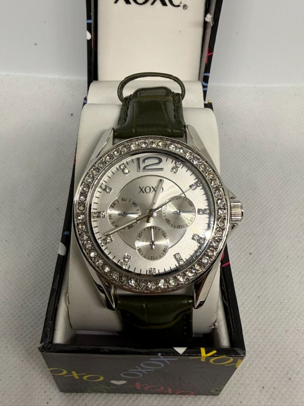 XOXO 3347 Women's 37mm Silver Crystal Bezel Faux Chrono Olive Green Band Watch - Picture 1 of 13